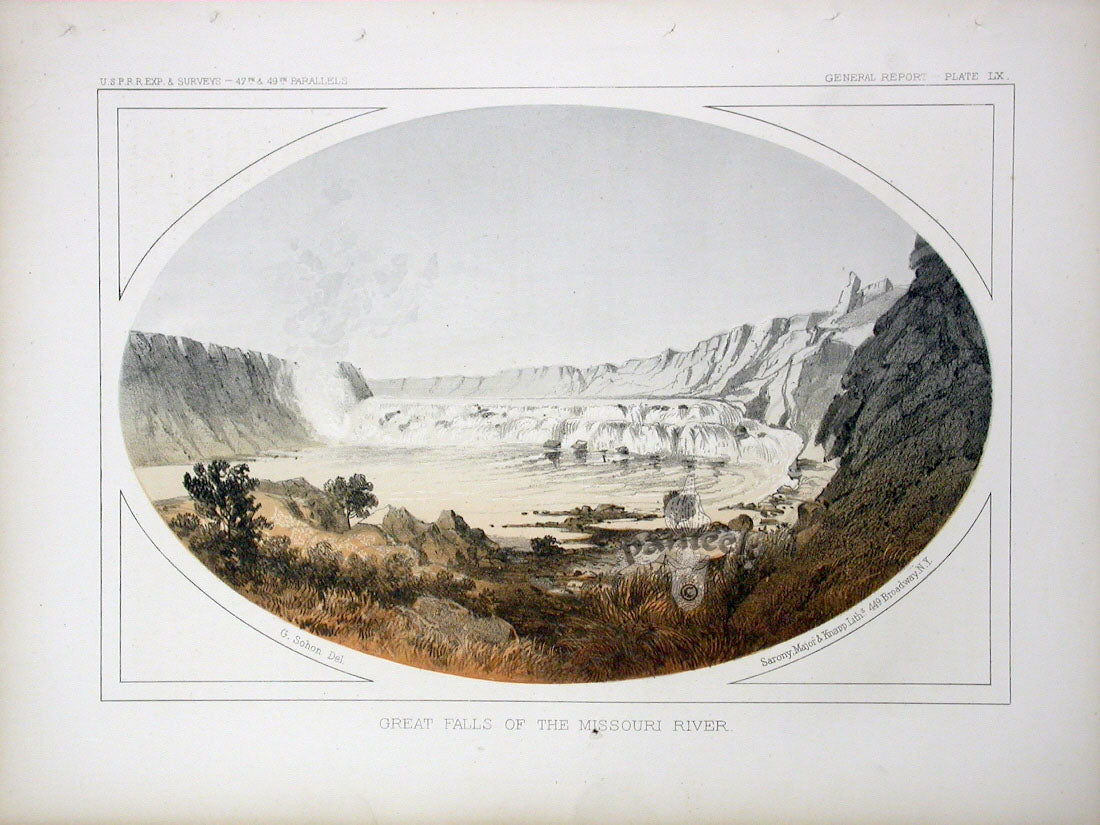 Pacific Railroad Original Print Great Falls, Missouri River
