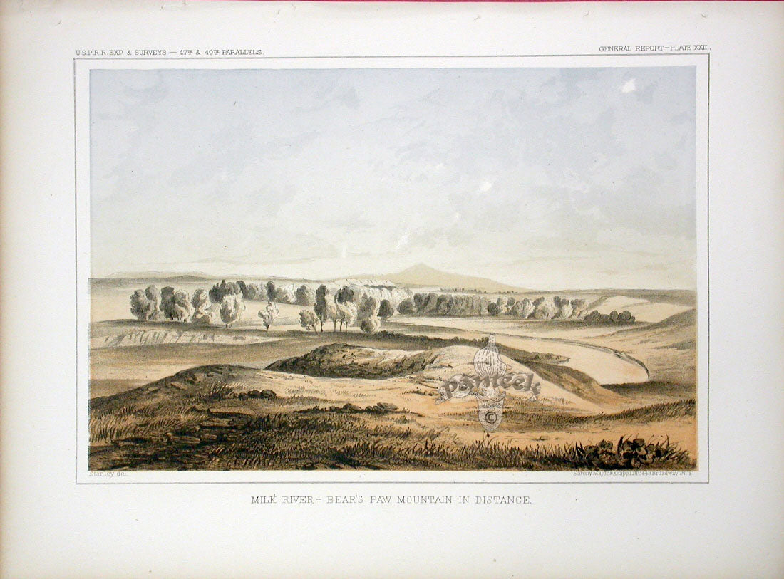 Pacific Railroad Original Print Milk River, Bear's Paw Mountains