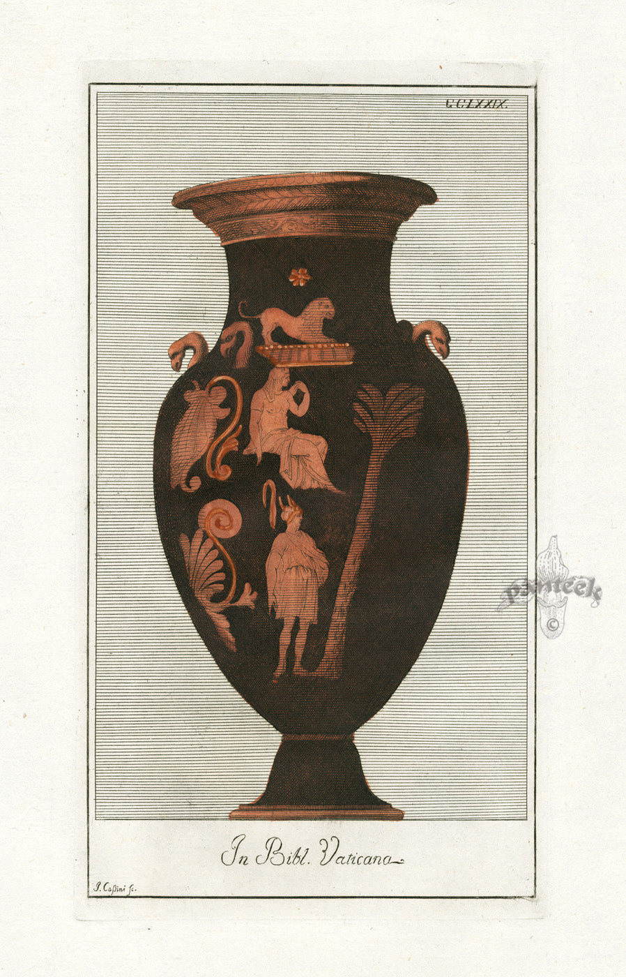 Passeri Antique Print 1775 Vases Vatican Library, Lion