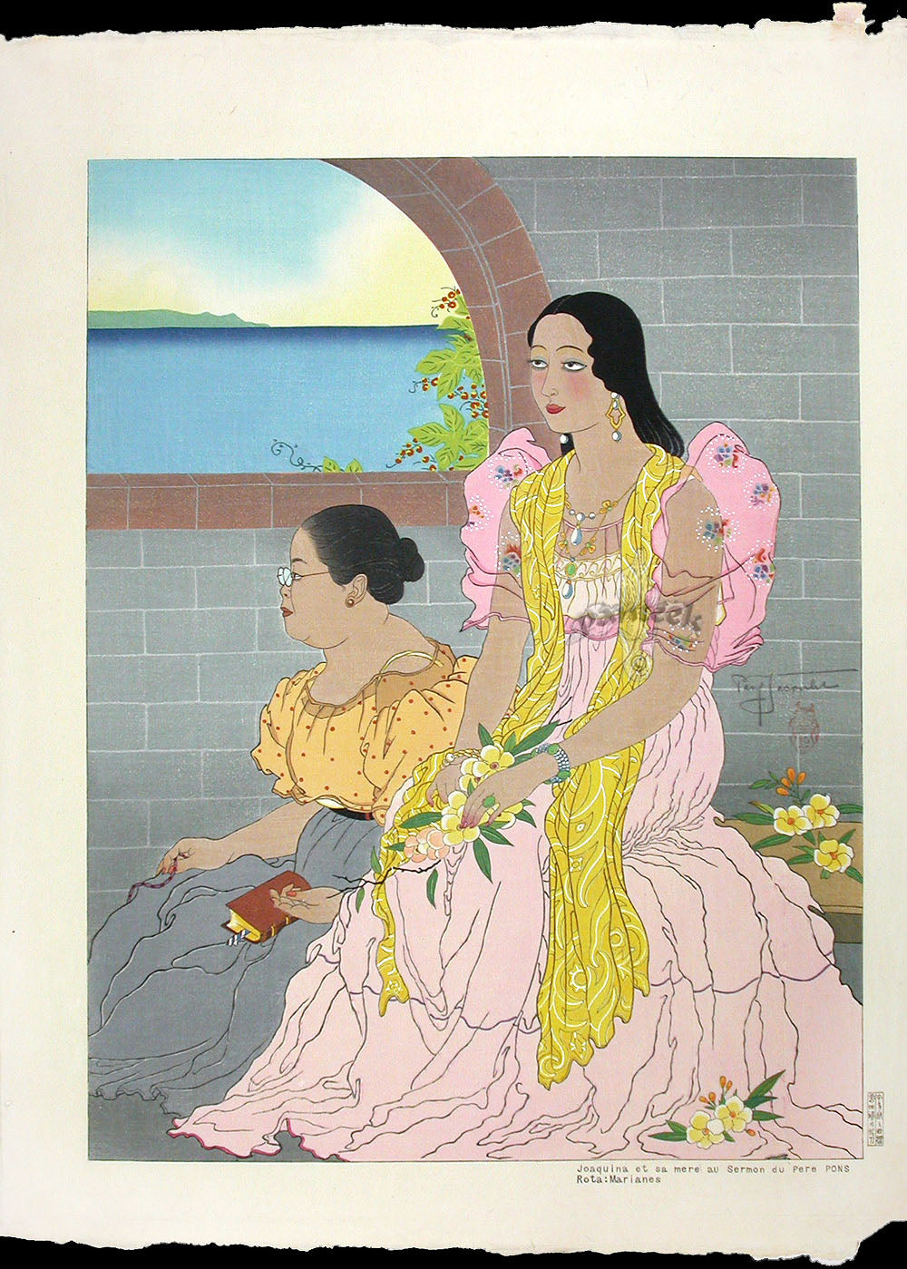 Paul Jacoulet Joaquina Et Sa Mere Au Sermon Du Pere Pons, Rota, Marianas