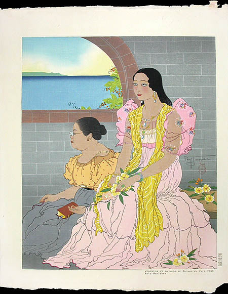 Paul Jacoulet Joaquina Et Sa Mere Au Sermon Du Pere Pons, Rota, Marianas