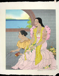 Paul Jacoulet Joaquina Et Sa Mere Au Sermon Du Pere Pons, Rota, Marianas - Panteek Antique Prints