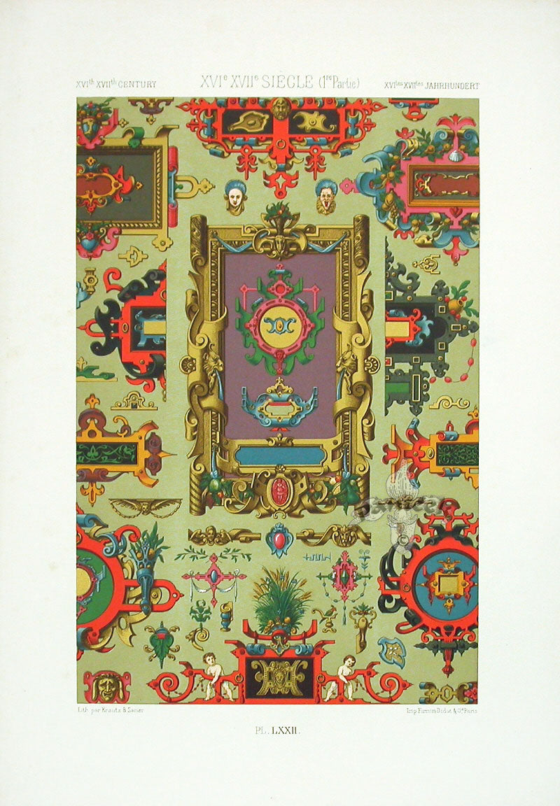 Racinet Decorative Art Nouveau Print 1889 16th & 17th Century