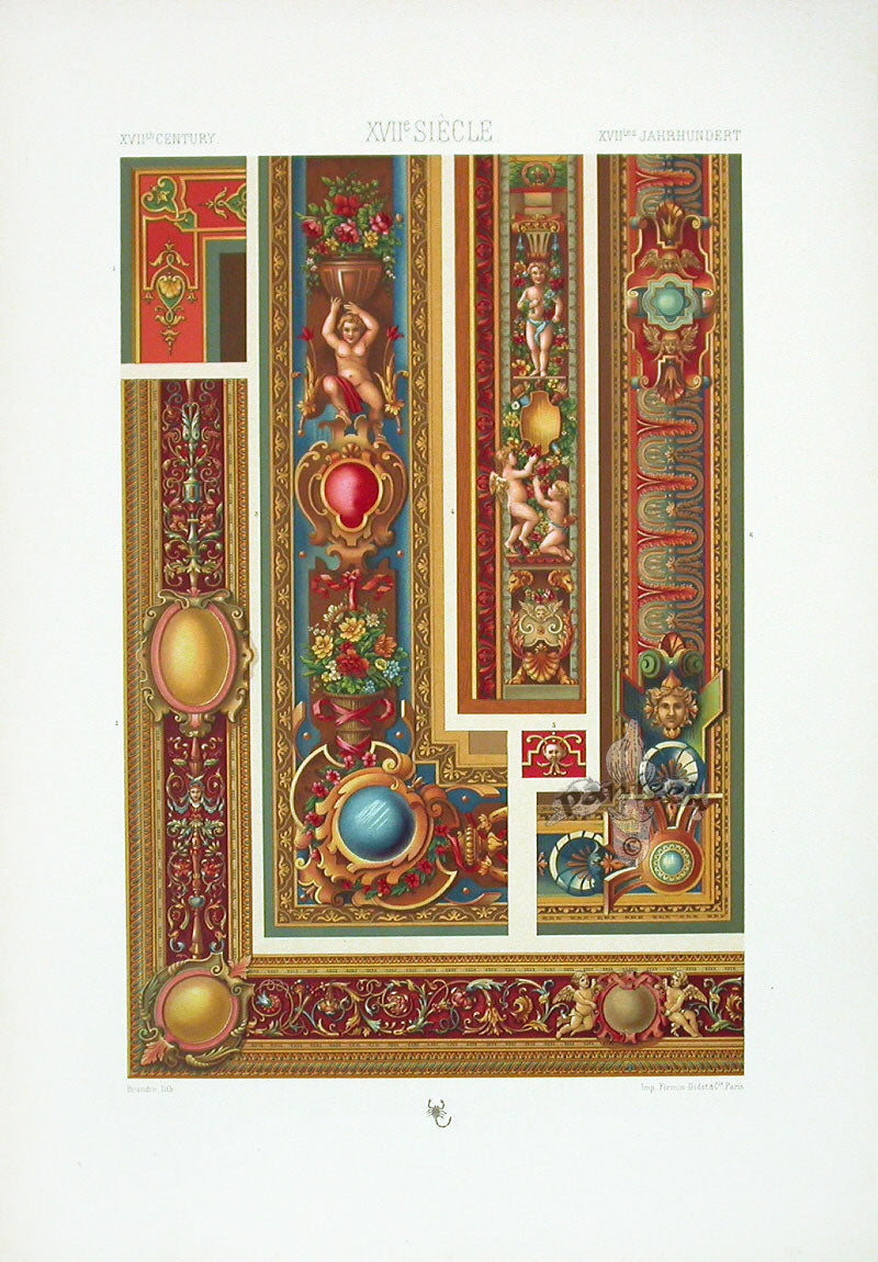 Racinet Decorative Art Nouveau Print 1889 17th Century Flowers