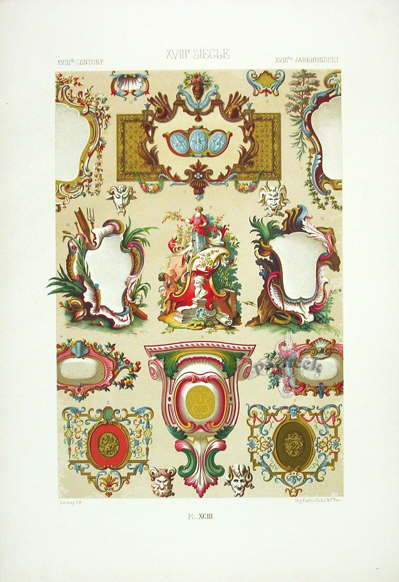 Racinet Decorative Art Nouveau Print 1889 18th Century Cartouches