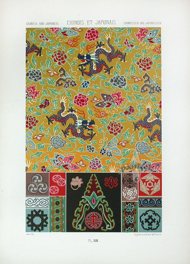 Racinet Decorative Art Nouveau Print 1889 Chinese, Japanese Dragons