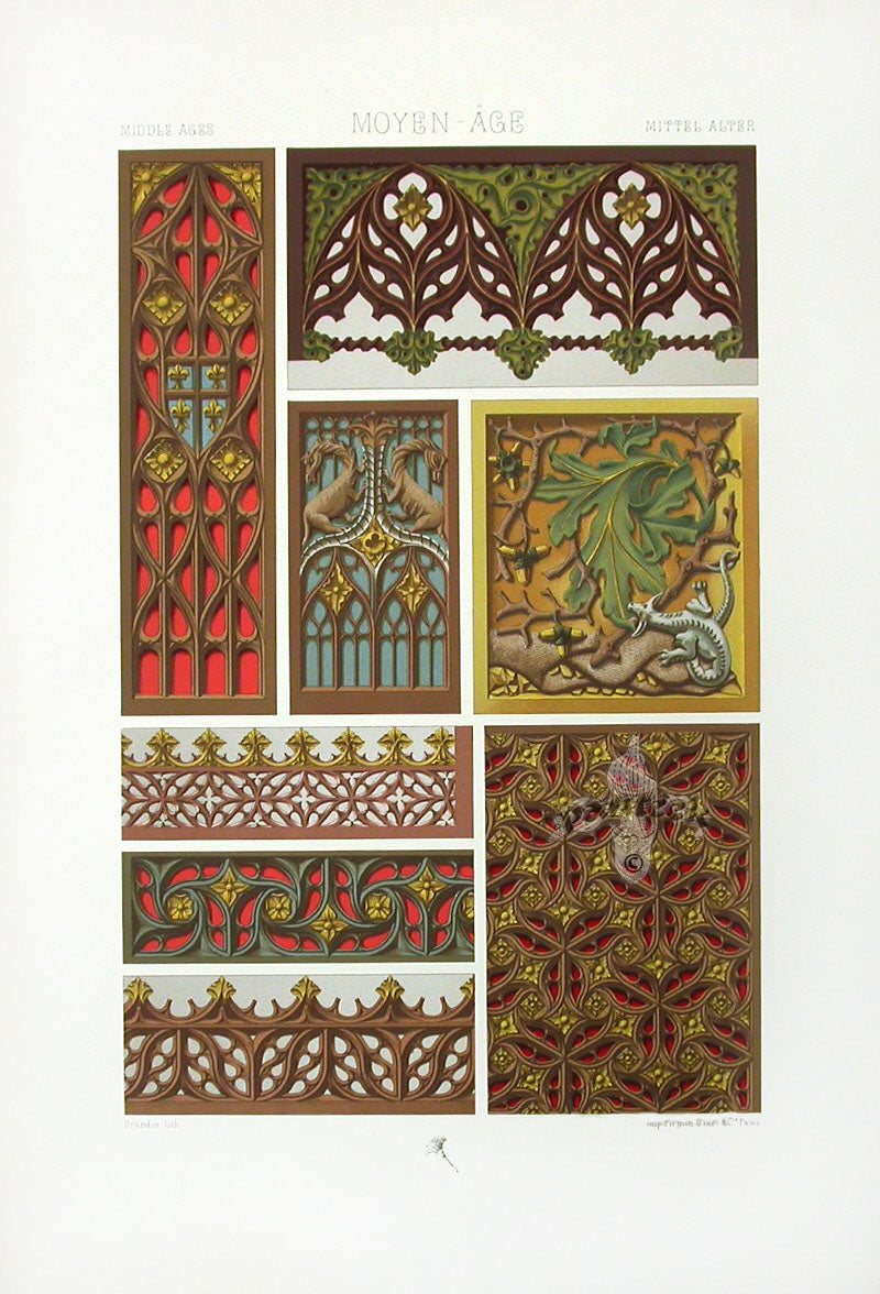 Racinet Decorative Art Nouveau Print 1889 Middle Ages Dragon