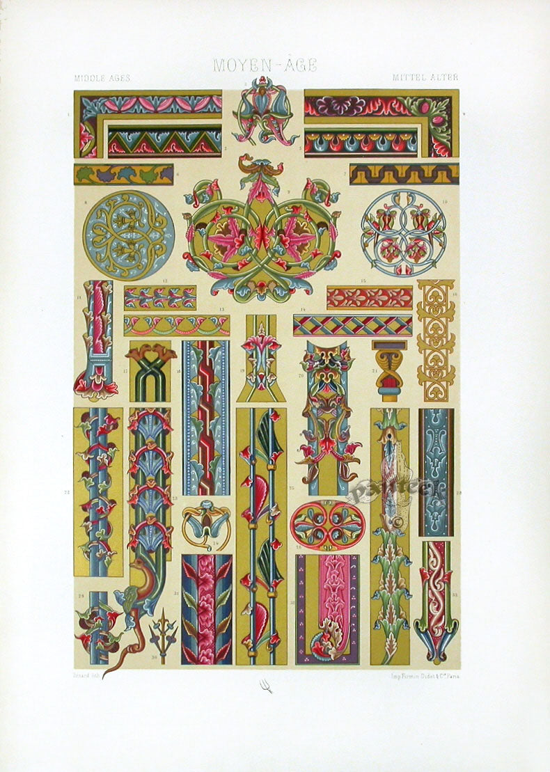 Racinet Decorative Art Nouveau Print 1889 Middle Ages Snake