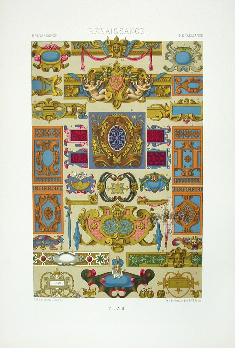 Racinet Decorative Art Nouveau Print 1889 Renaissance Cartouches