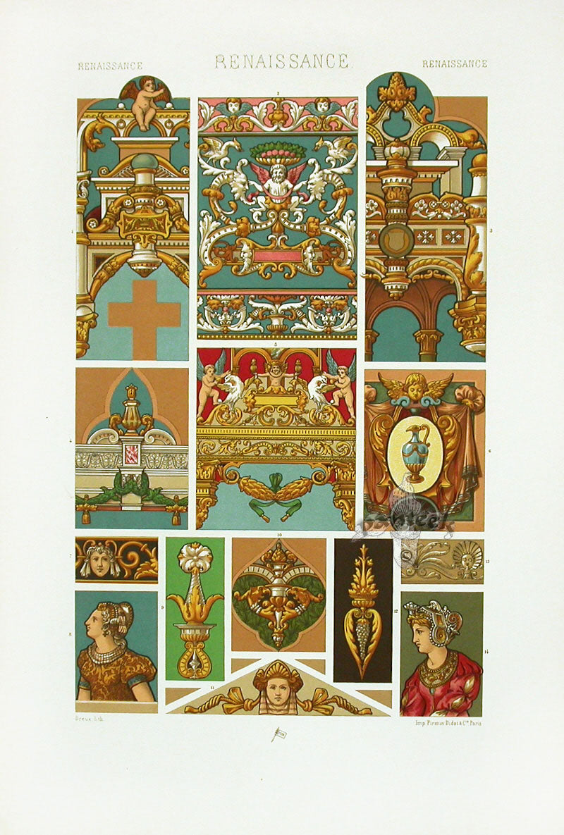 Racinet Decorative Art Nouveau Print 1889 Renaissance Cherubs