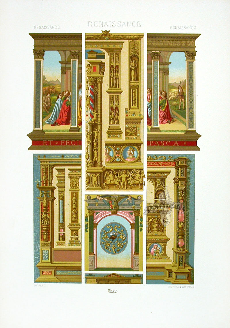 Racinet Decorative Art Nouveau Print 1889 Renaissance Columns