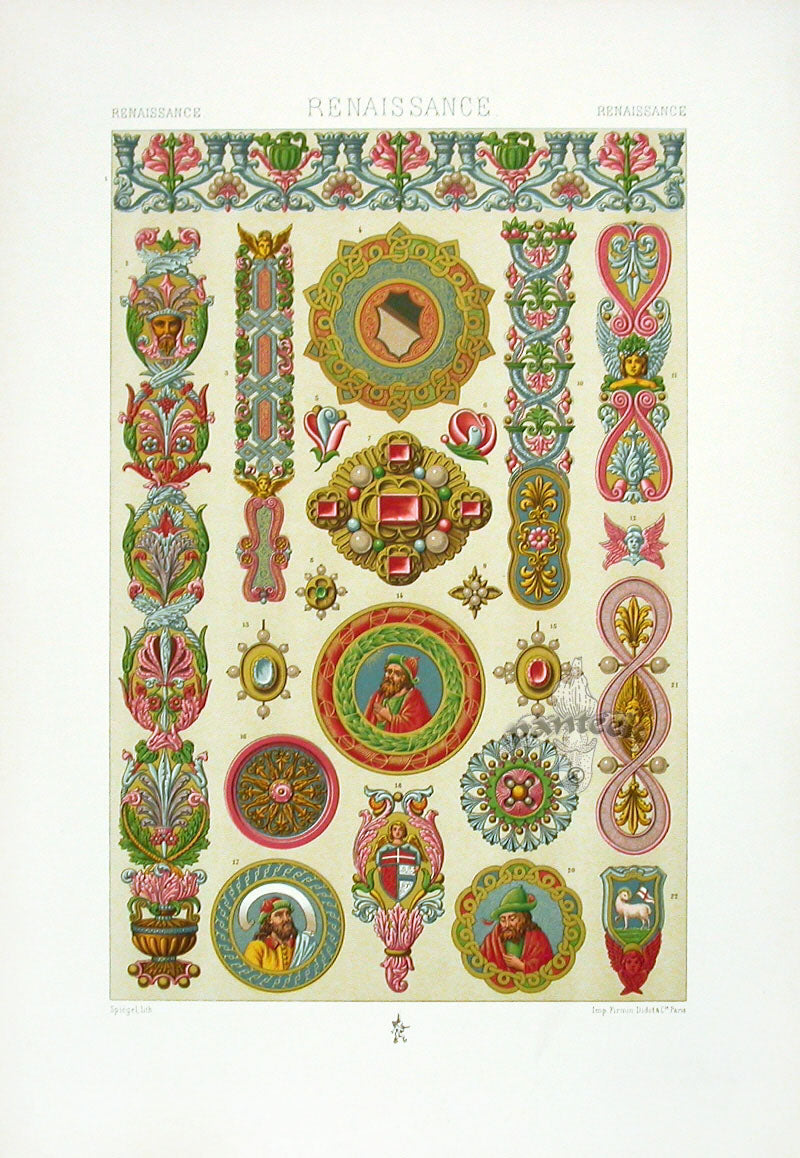 Racinet Decorative Art Nouveau Print 1889 Renaissance Medallions