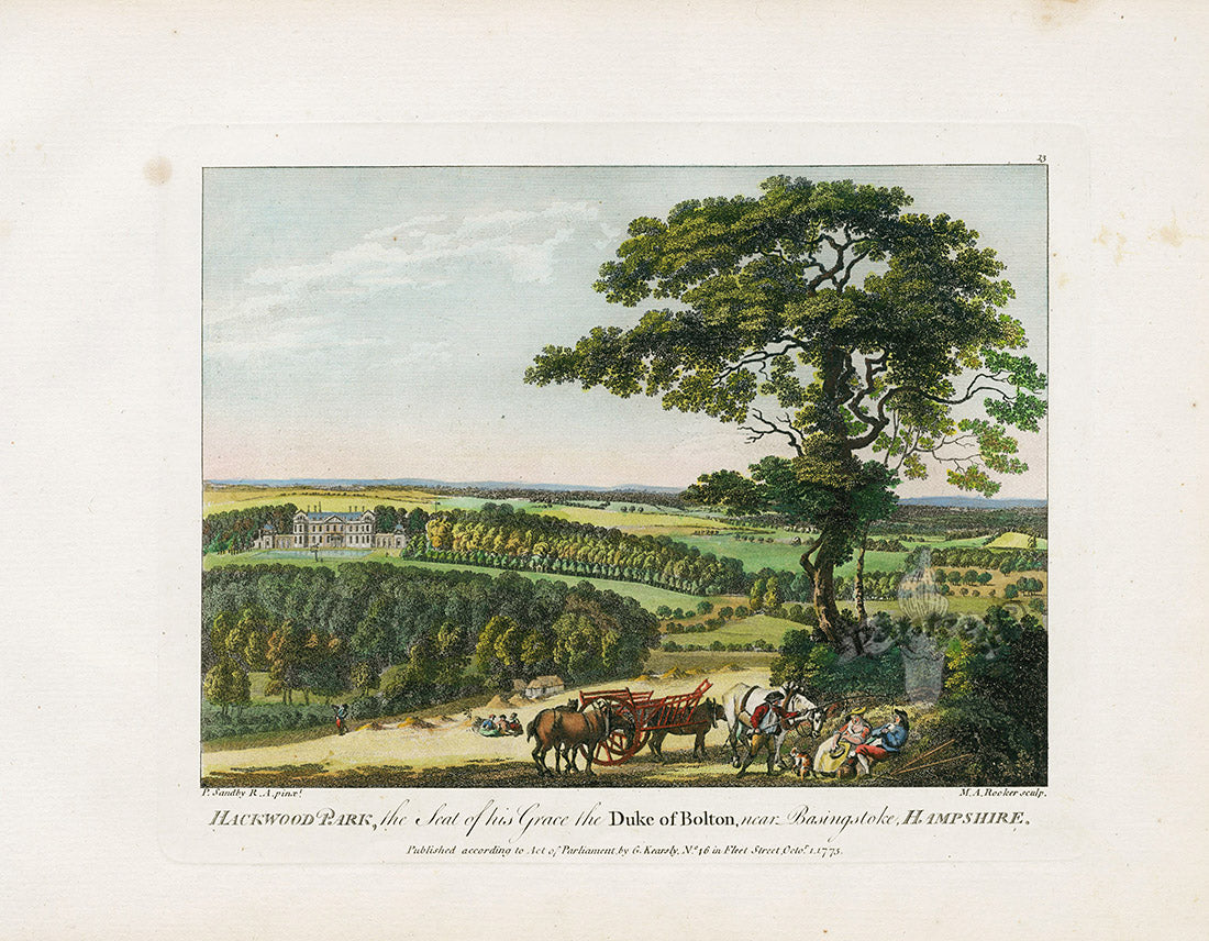 Sandby Stately Homes Hand Colored Engraving Hackwood Park, Hampshire