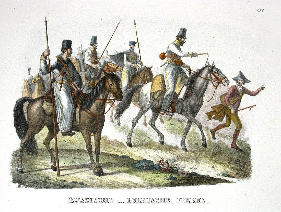 Schinz Brodtmann Antique Lithograph Horses, Russian Riders