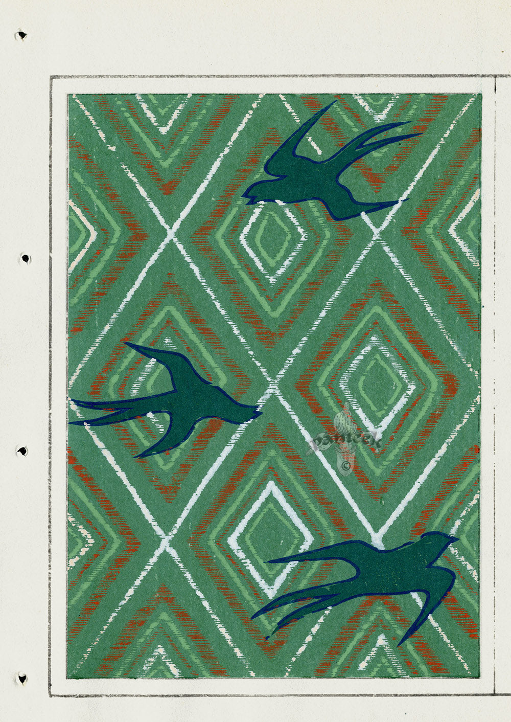 Shin-Bijutsukai Magazine Green Birds on Diamond Design