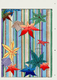Shin-Bijutsukai Magazine Multicolor Leaves on Stripes Design - Panteek Antique Prints