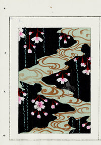 Shin-Bijutsukai Magazine Pink Blossoms on Black, Green Design - Panteek Antique Prints