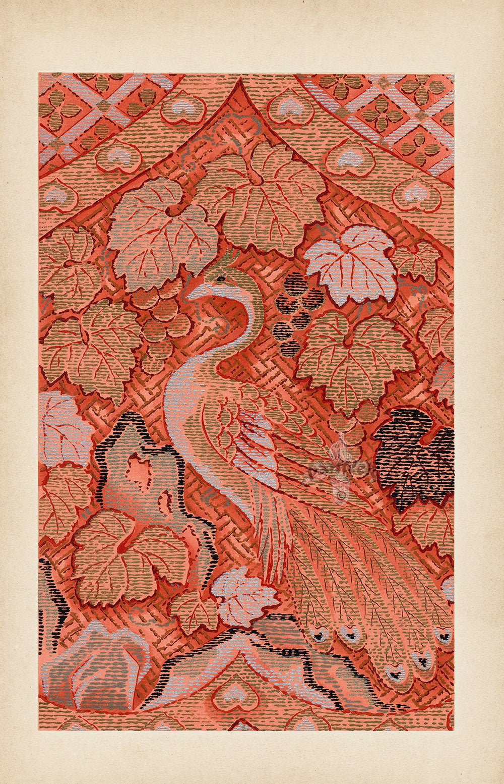 Showa Japanese Textile Design Bird Peacock, Hearts