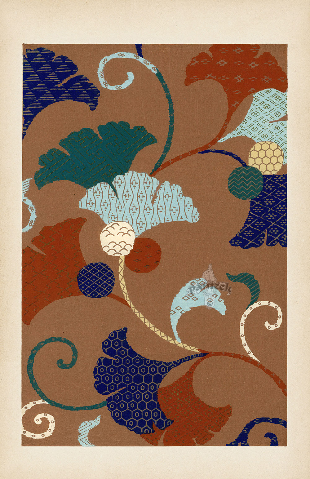 Showa Japanese Textile Design Birds Ginko Leaves