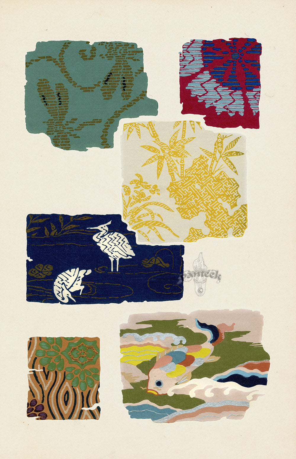 Showa Japanese Textile Design Birds, Heron, Fish