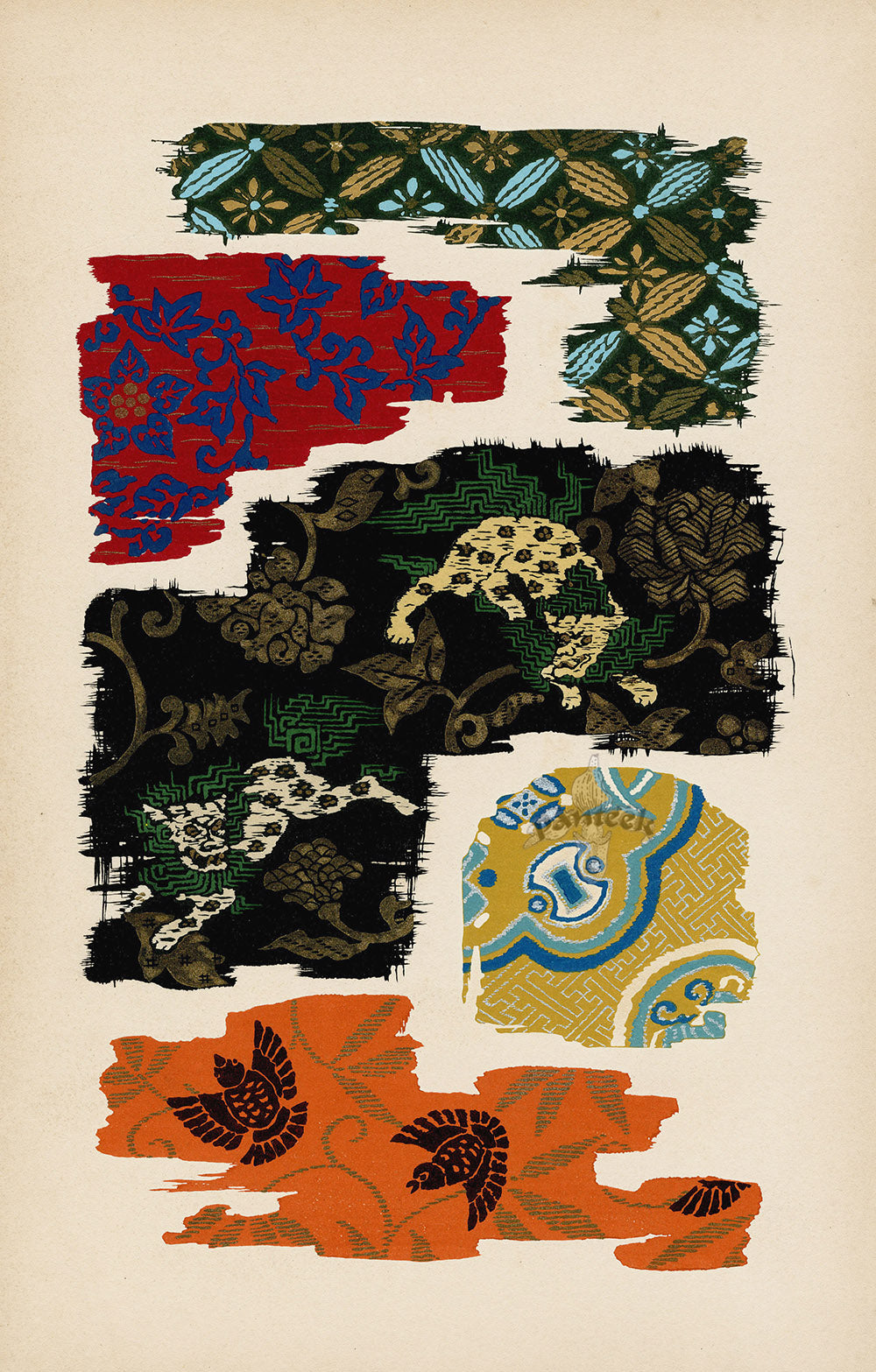 Showa Japanese Textile Design Birds on Wing