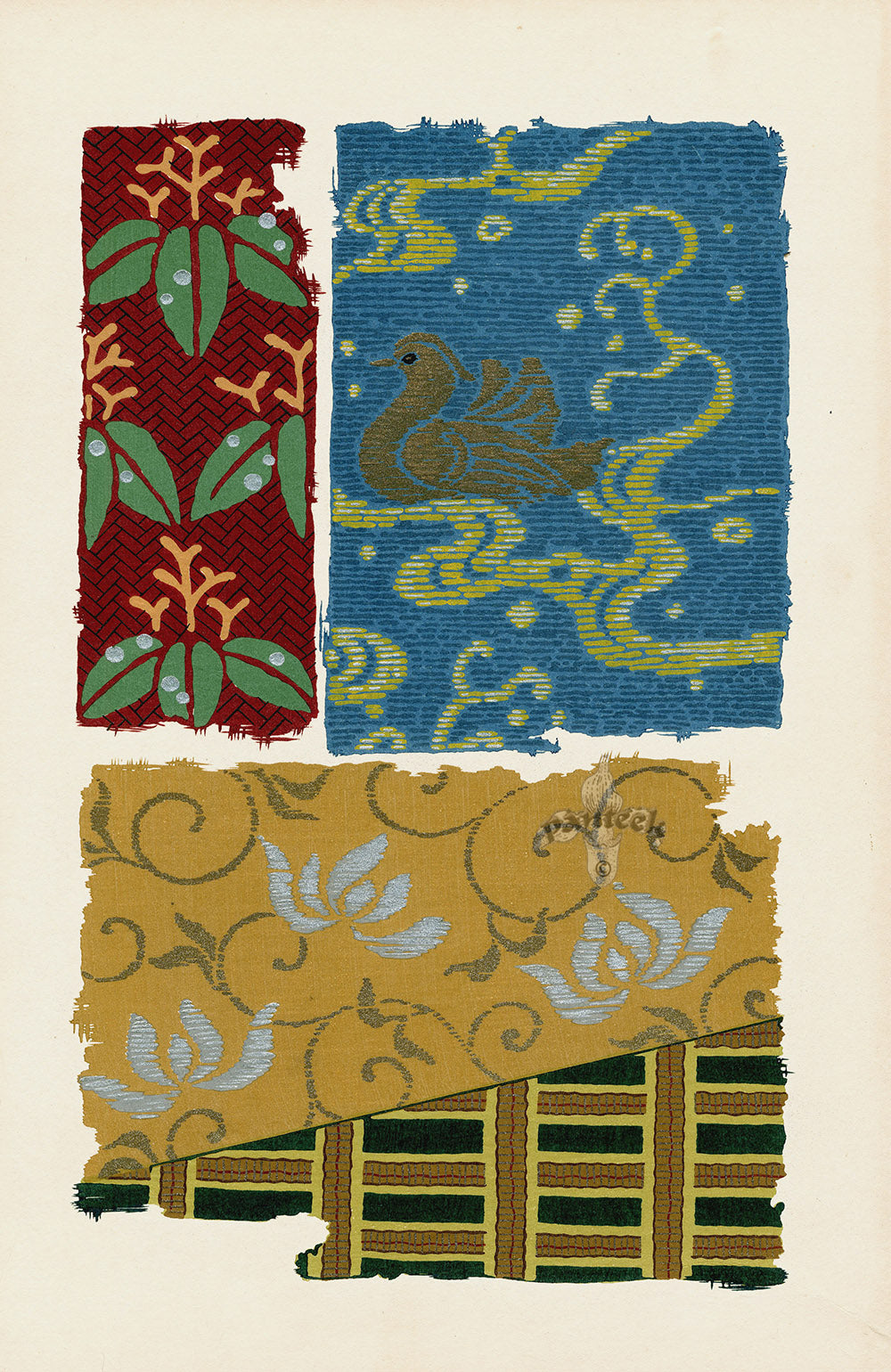 Showa Japanese Textile Design Birds Swan, Waves, Leaves