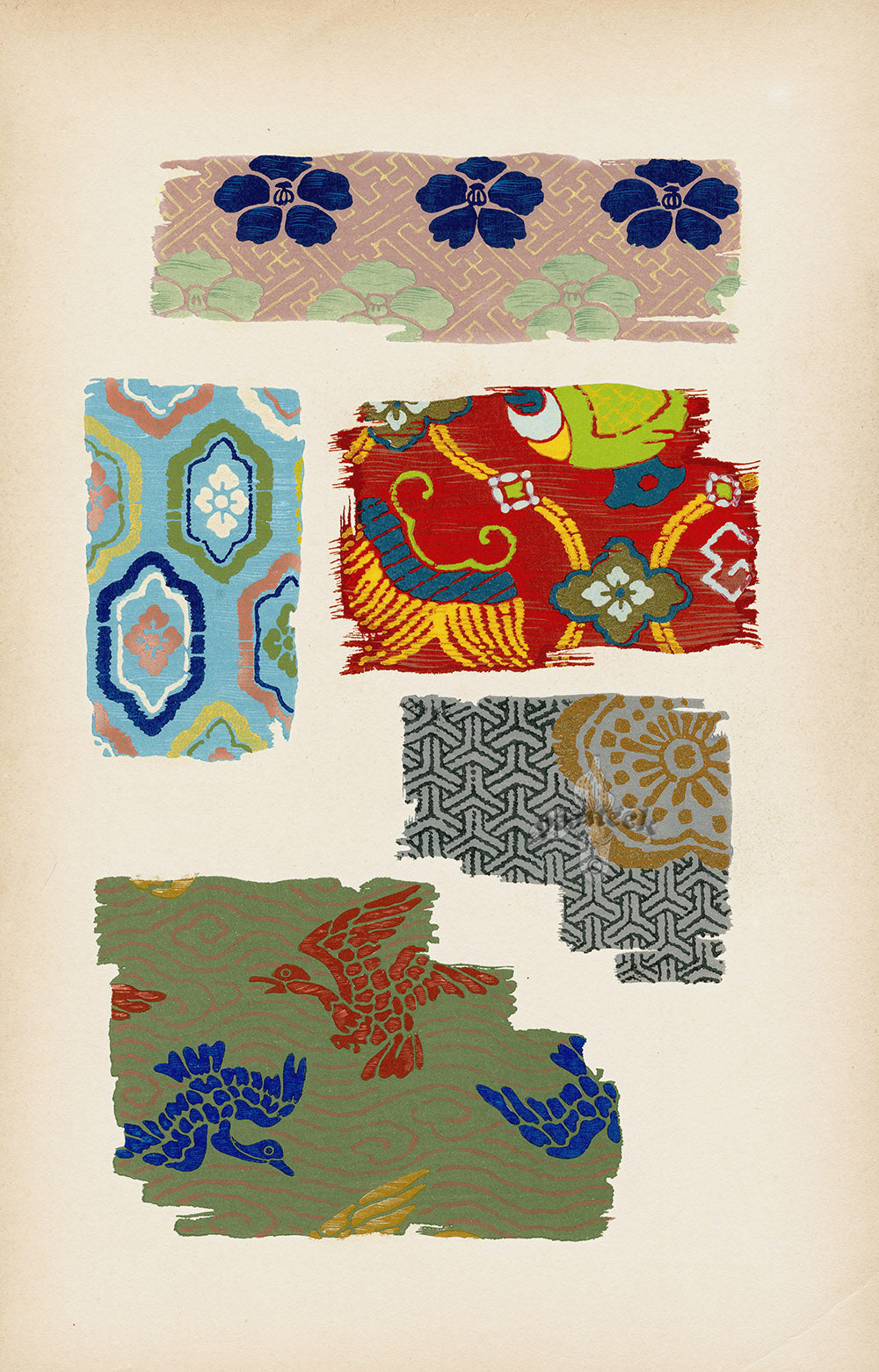 Showa Japanese Textile Design Blue Birds and Flowers