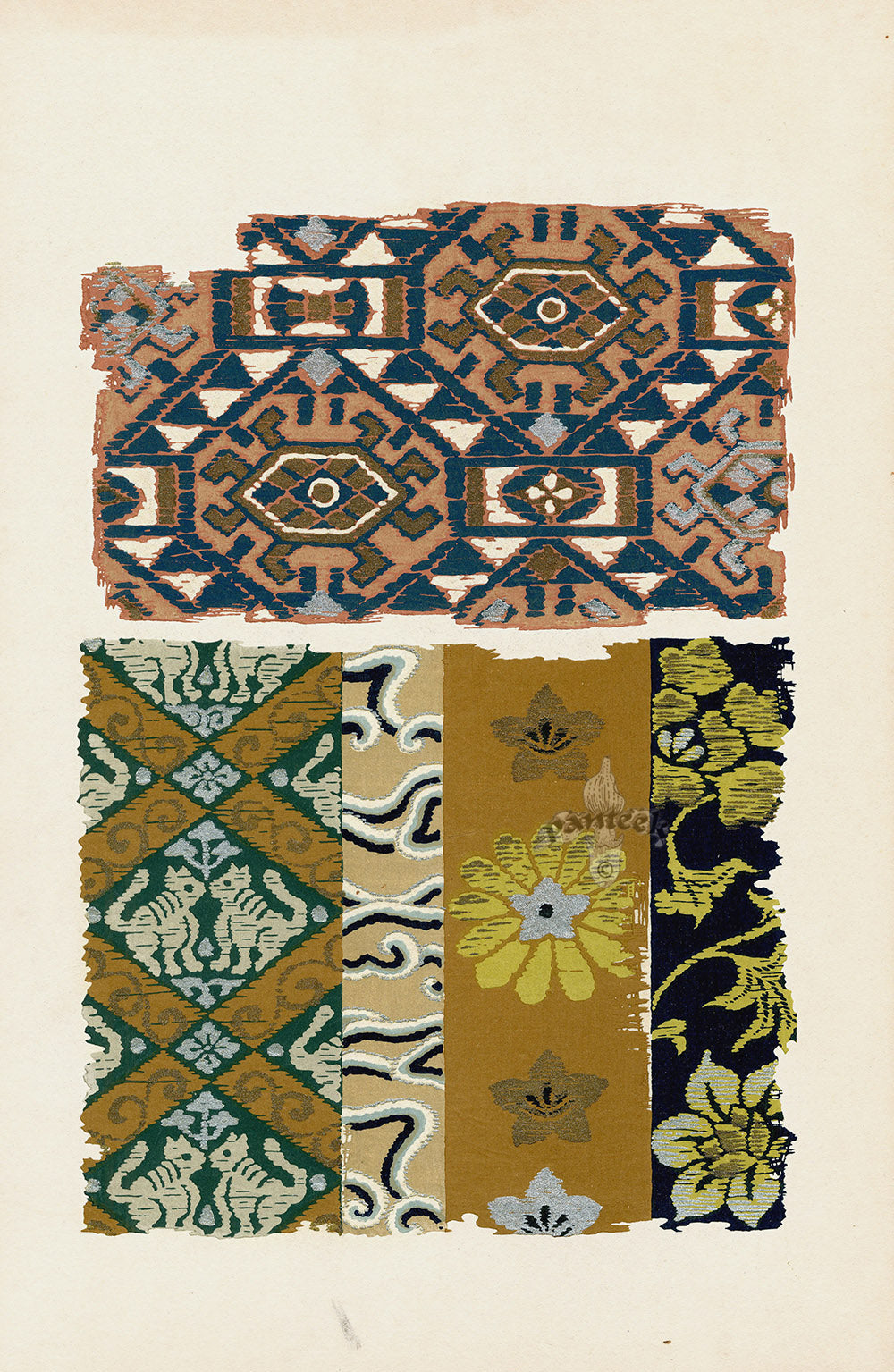 Showa Japanese Textile Design Cats, Flowers