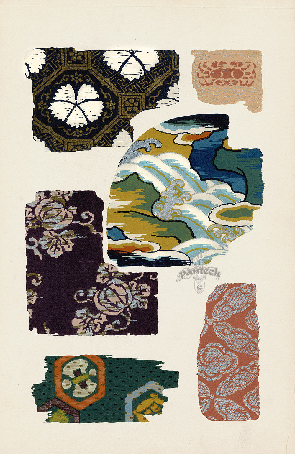 Showa Japanese Textile Design Clouds, Flowers