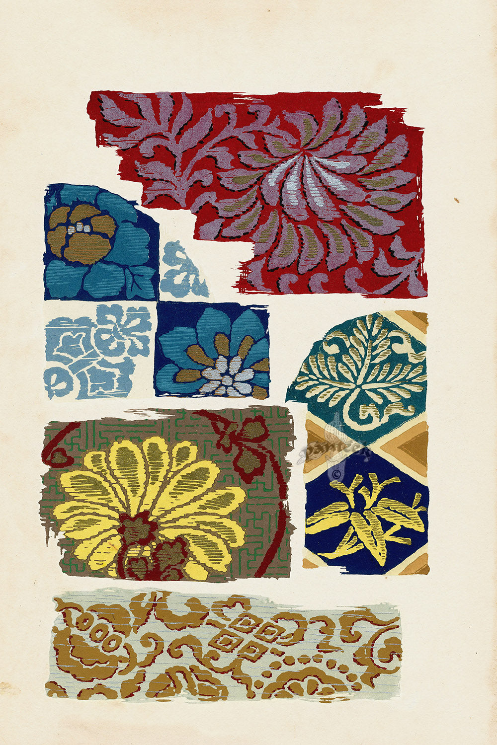 Showa Japanese Textile Design Colorful Flowers