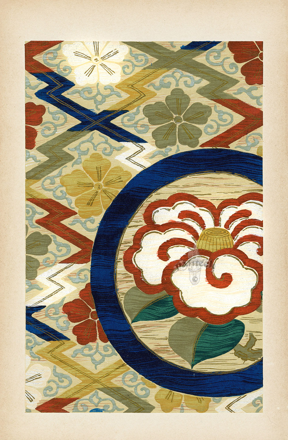 Showa Japanese Textile Design Geometric Flowers
