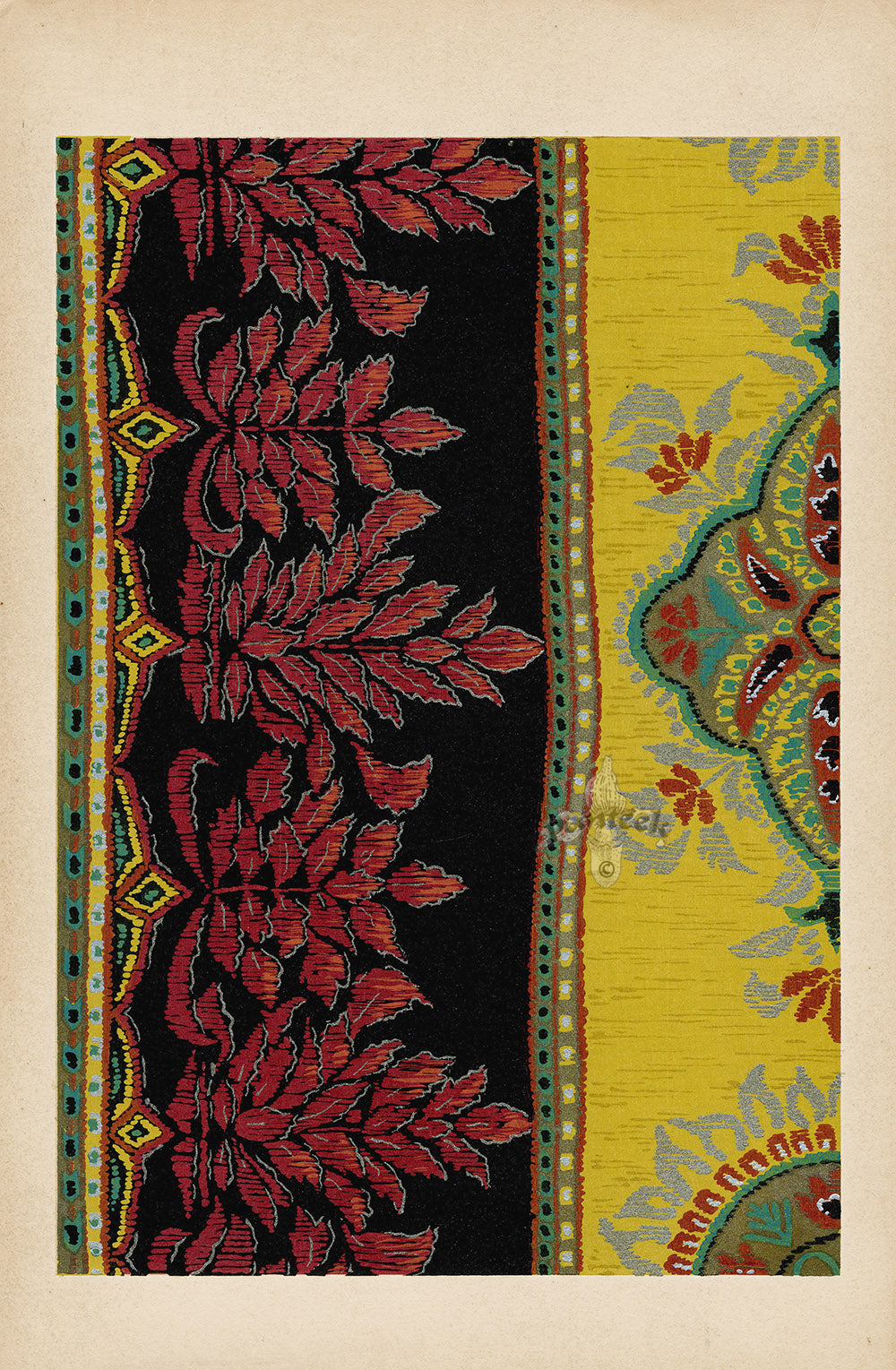 Showa Japanese Textile Design Red Ferns, Flowers