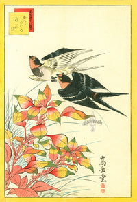 Sugakudo Nakayama Yoshikiri Bird, Swallow, Safflower - Panteek Antique Prints