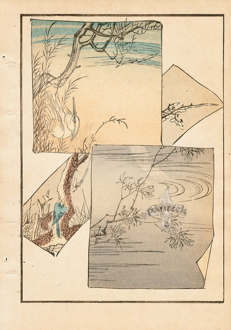 Tanaka Yohu Woodblock 1892 Bird Design, Crane