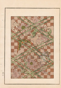 Tanaka Yohu Woodblock 1892 Checkered Design, Chrysanthemum - Panteek Antique Prints