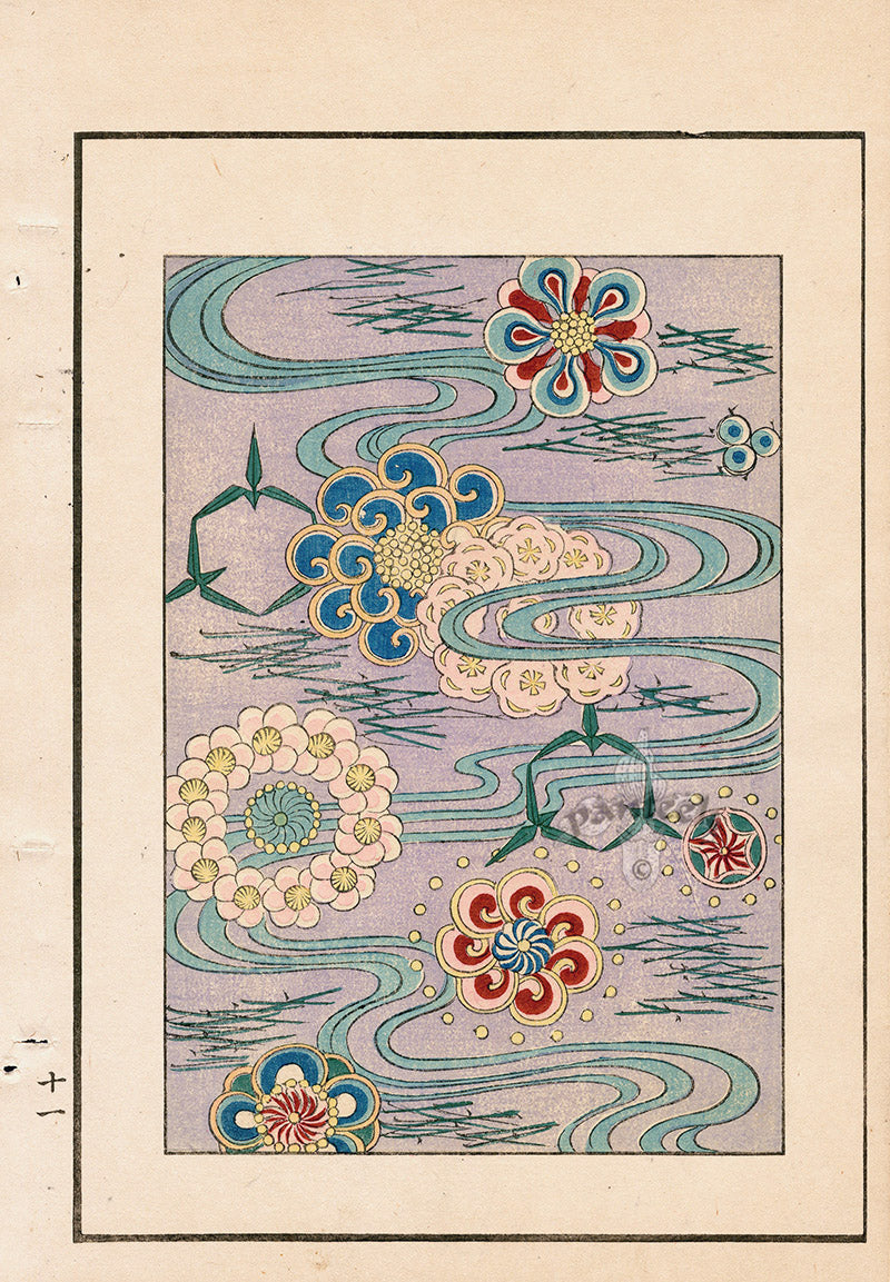 Tanaka Yohu Woodblock 1892 Multicolor Floral Design