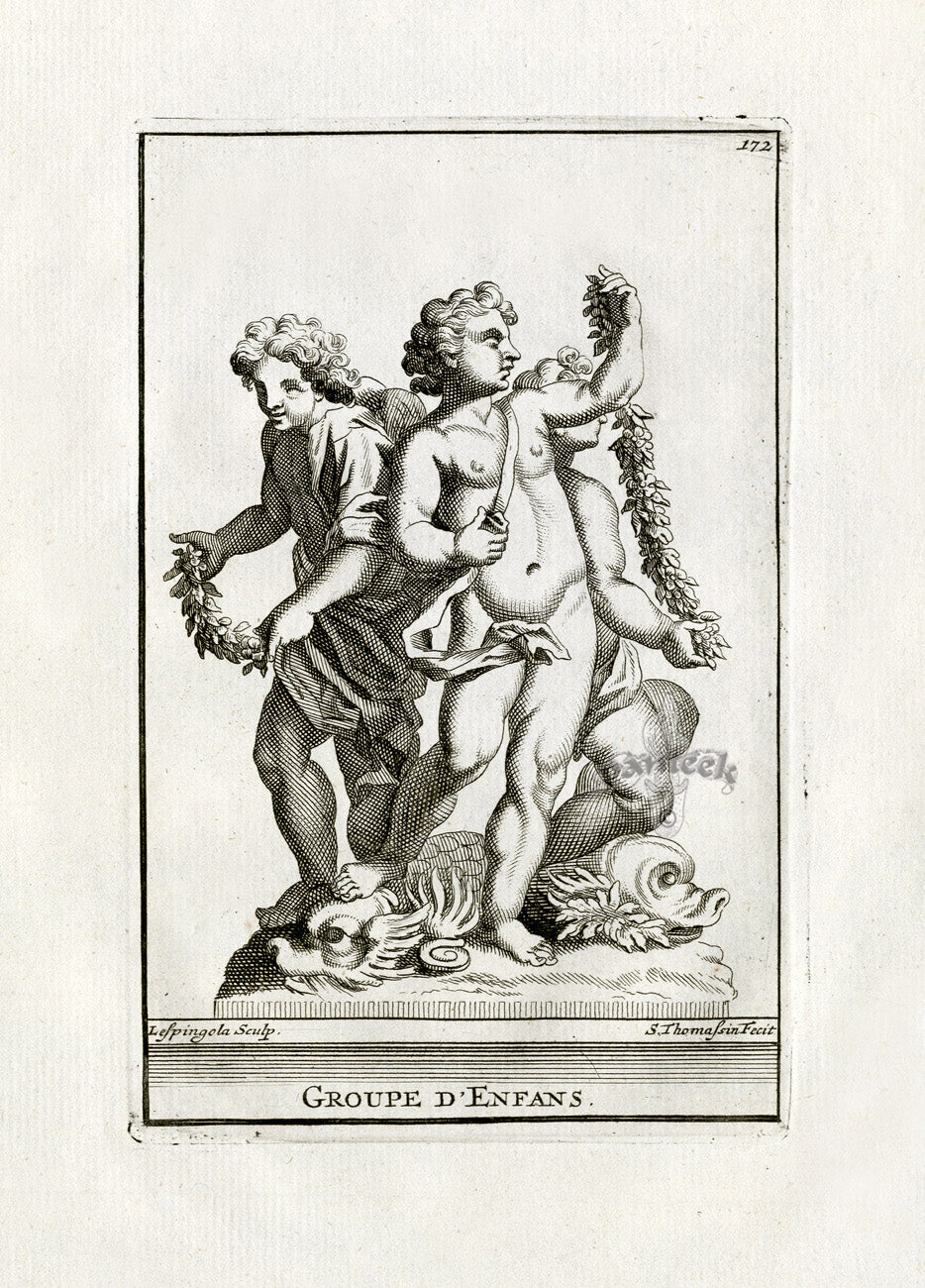 Thomassin Statues of Versailles Antique Print Cherubs, Dolphins