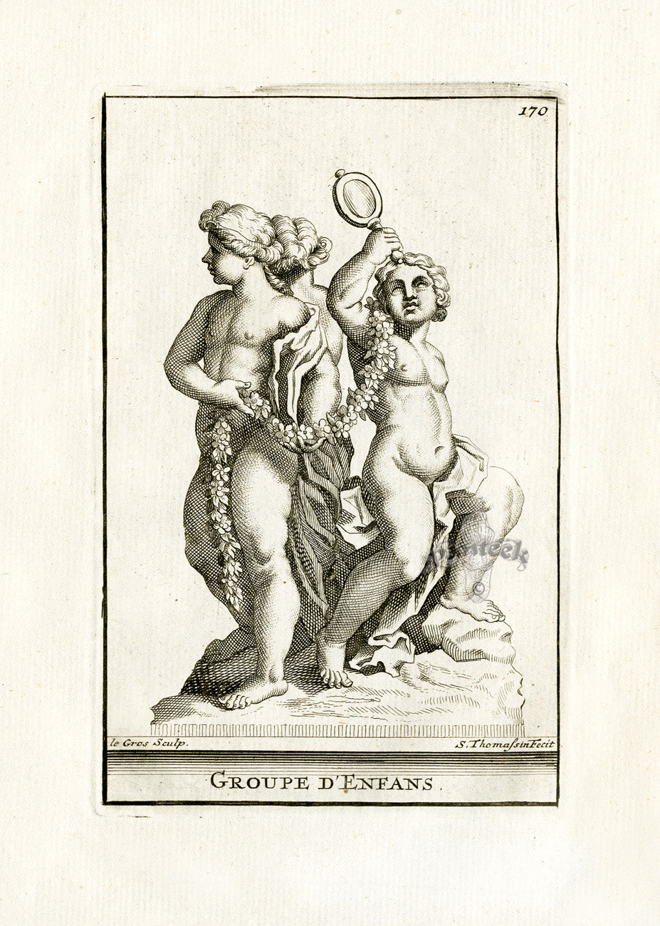 Thomassin Statues of Versailles Antique Print Cherubs, Mirror