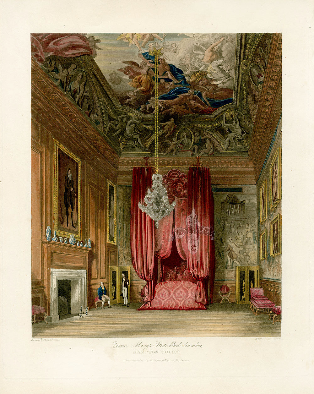 W.H. Pyne Prints 1819 Queen Mary's Bedchamber, Hampton Court
