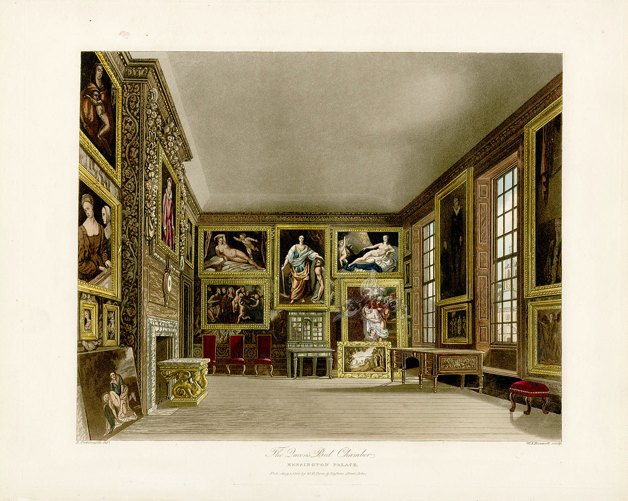 W.H. Pyne Prints 1819 Queen's Bed Chamber, Kensington Palace