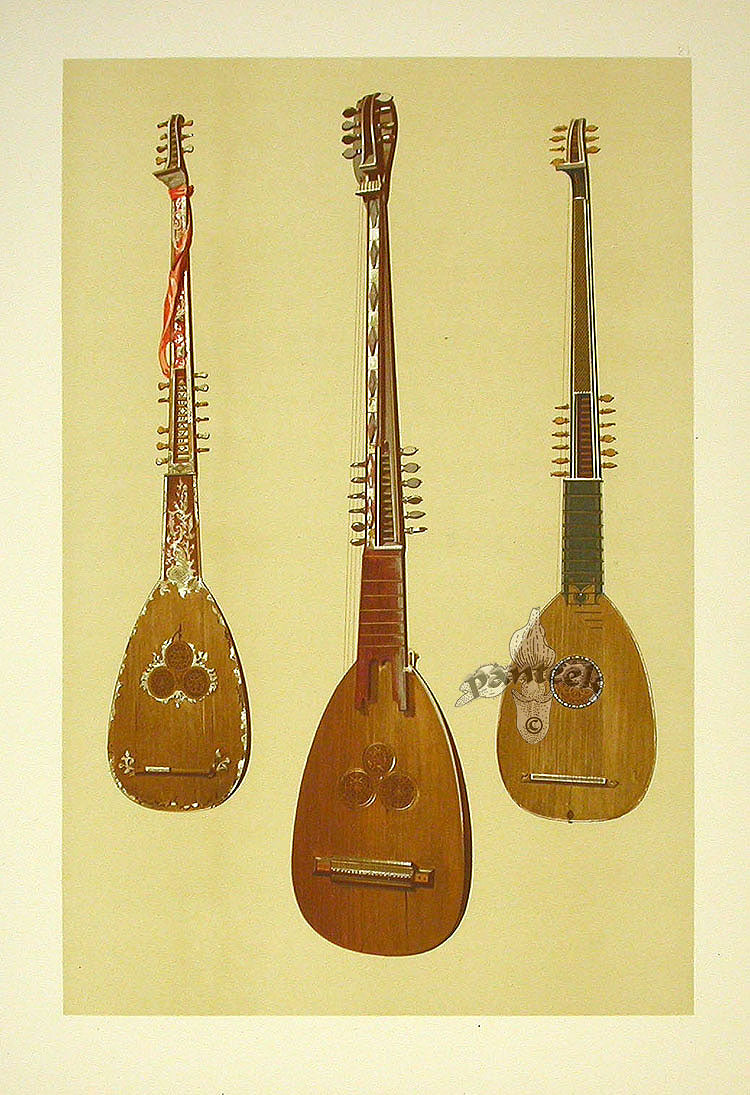 William Gibb Original Print Antique Musical Instrument 3 Chitarroni