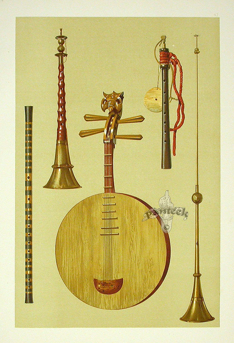 William Gibb Original Print Antique Musical Instrument Asian Wind & String