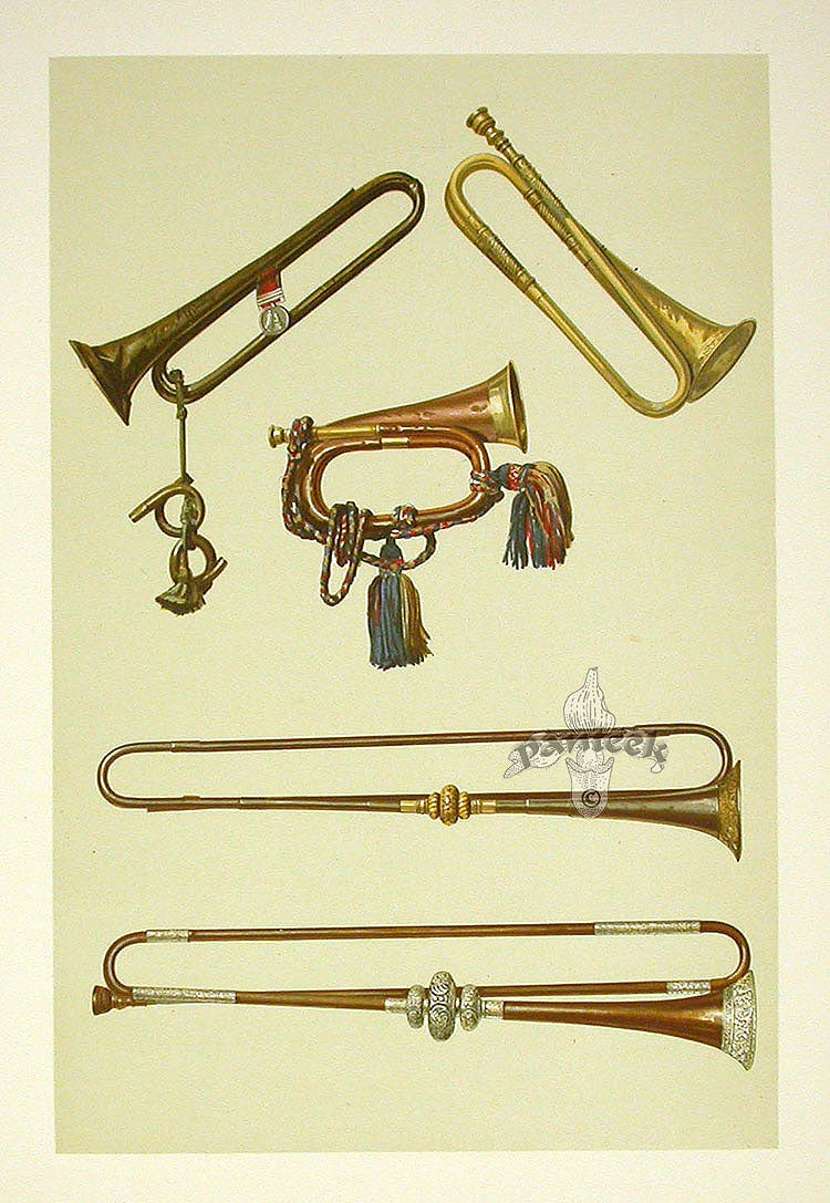 William Gibb Original Print Antique Musical Instrument Bugle, Trumpets