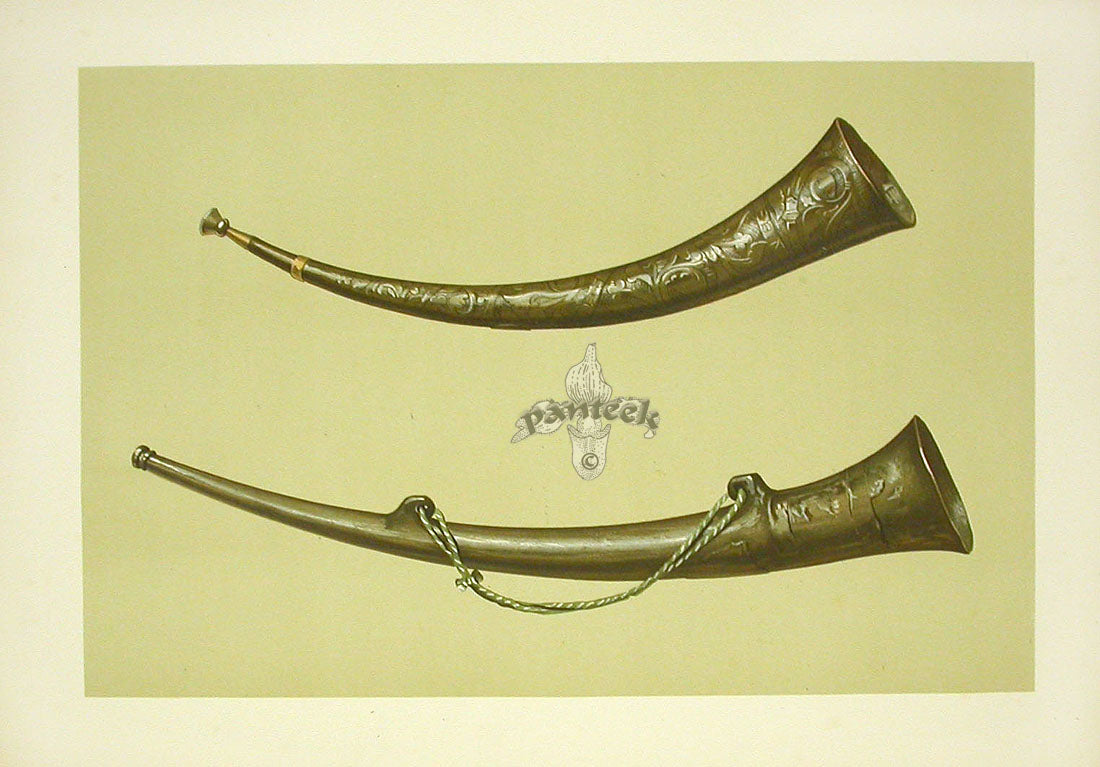 William Gibb Original Print Antique Musical Instrument Burgmote Horns