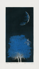 Yoshikazu Tanaka Crescent Moon, Blue Tree in Ancient City - Panteek Antique Prints