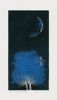 Yoshikazu Tanaka Crescent Moon, Blue Tree in Ancient City - Panteek Antique Prints