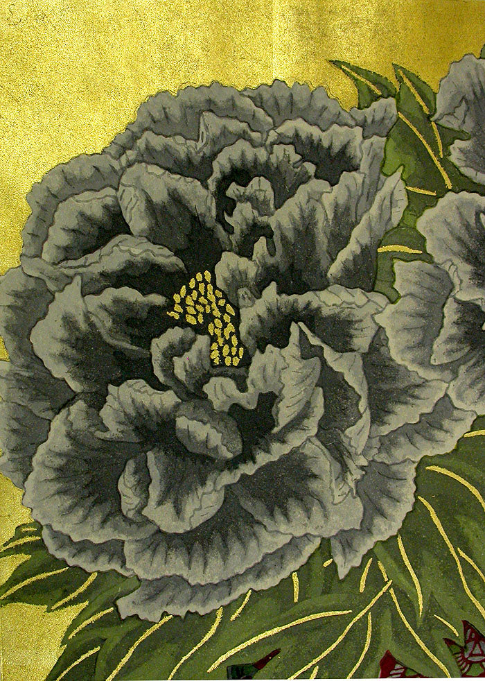 Yousaku Sekino Black Peony Gold Leaf - Panteek Antique Prints