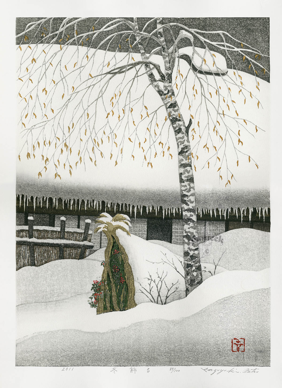 Kazuyuki Ohtsu Fuyukazaru, Winter Decoration Woodblock Print