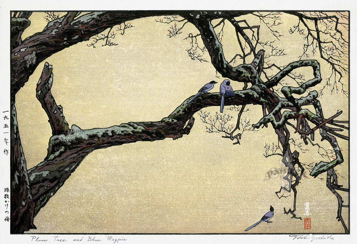 Toshi Yoshida Plum Tree and Blue Magpie Original Woodblock Print